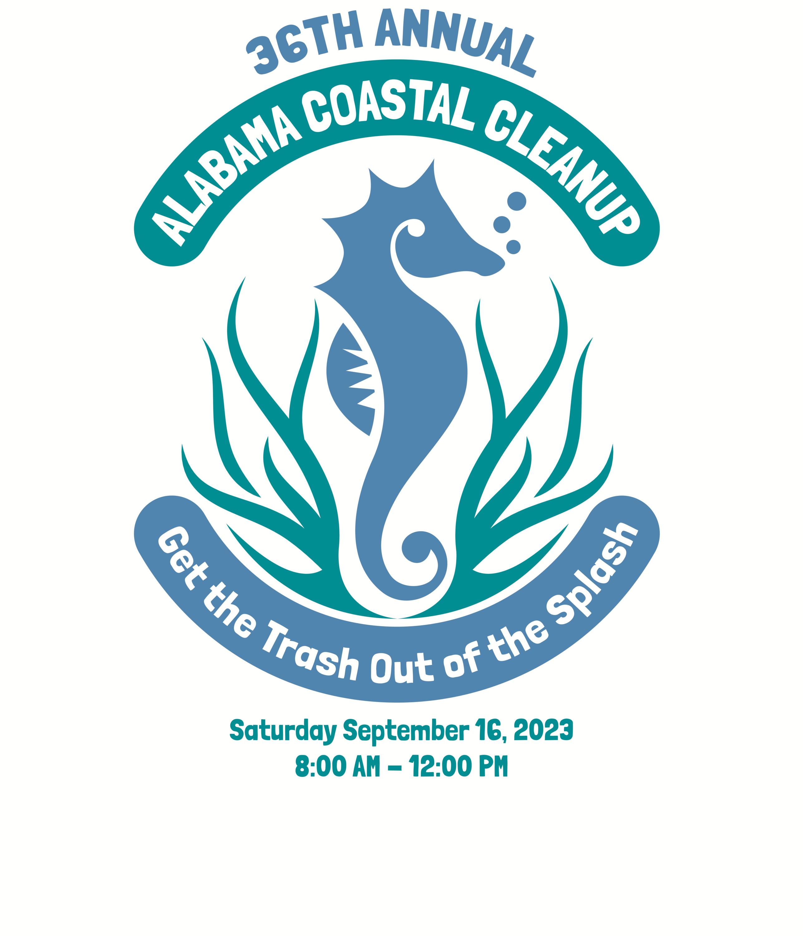 Coastal Cleanup Graphic shows sting rays and coral inside an outline of the state of Alabama which is overlaid on a wavy blue background..